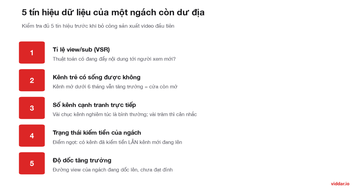 Sơ đồ 5 tín hiệu dữ liệu của một ngách còn dư địa: VSR, kênh trẻ, số kênh cạnh tranh, trạng thái kiếm tiền, độ dốc tăng trưởng